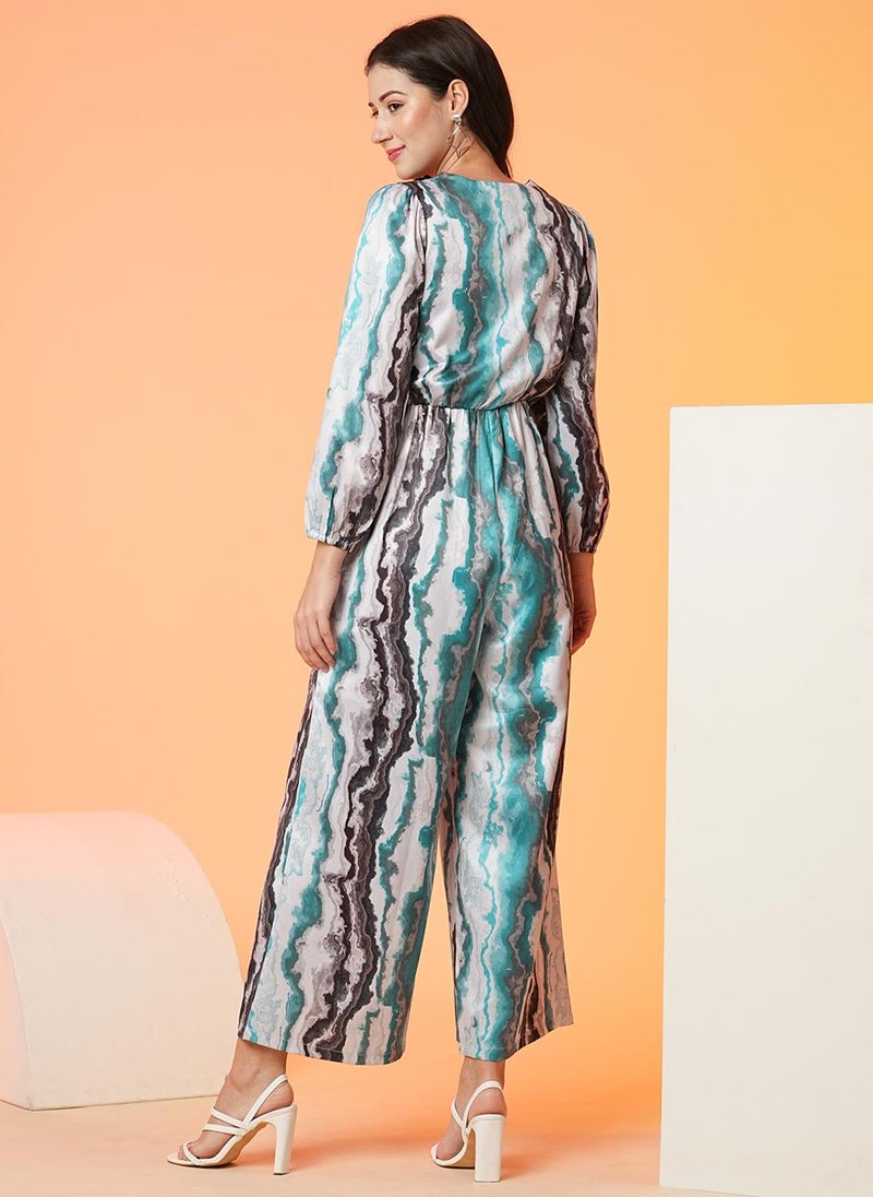 Globus Women Blue Printed V-Neck Party Jumpsuit - Image 4